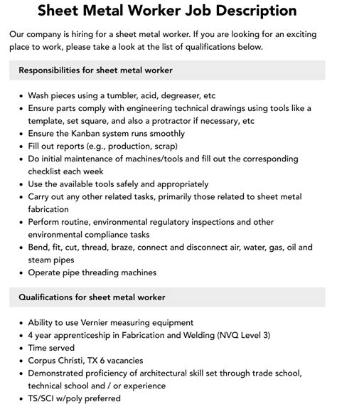 what's a sheet metal worker|sheet metal worker job duties.